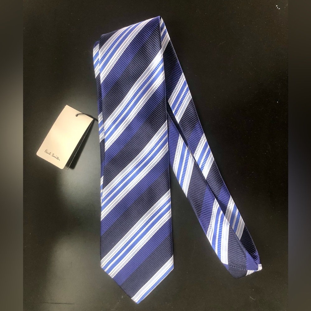 New NWT Paul Smith navy blue white silk stripes collegiate tie Italy Retail $228